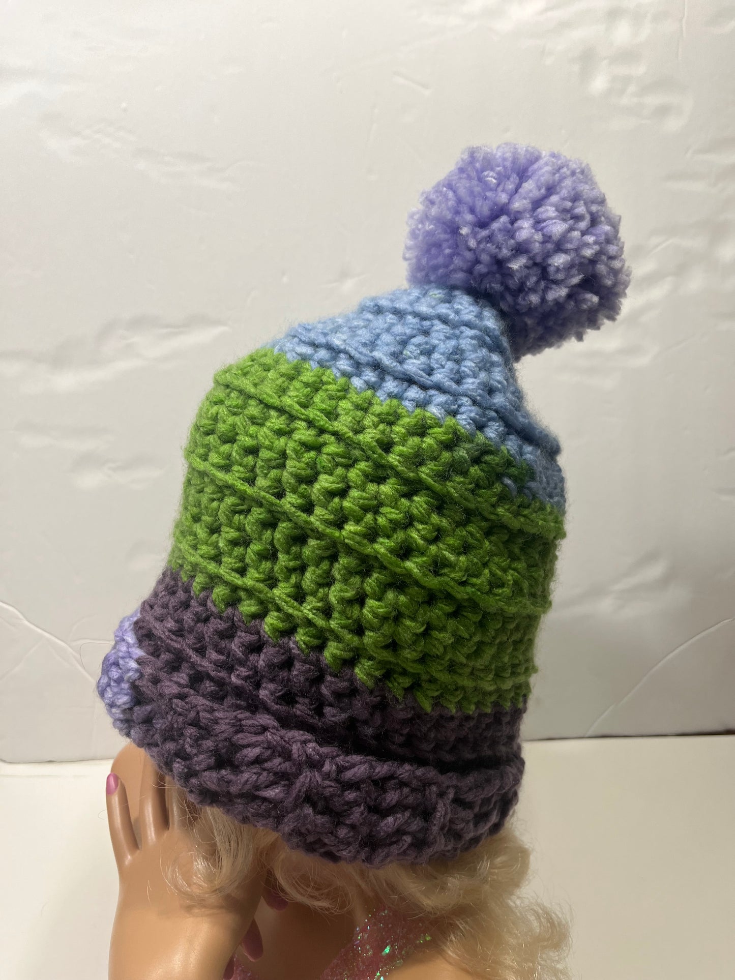 Chunky Beanie with pompom - Blue / Green / Purple