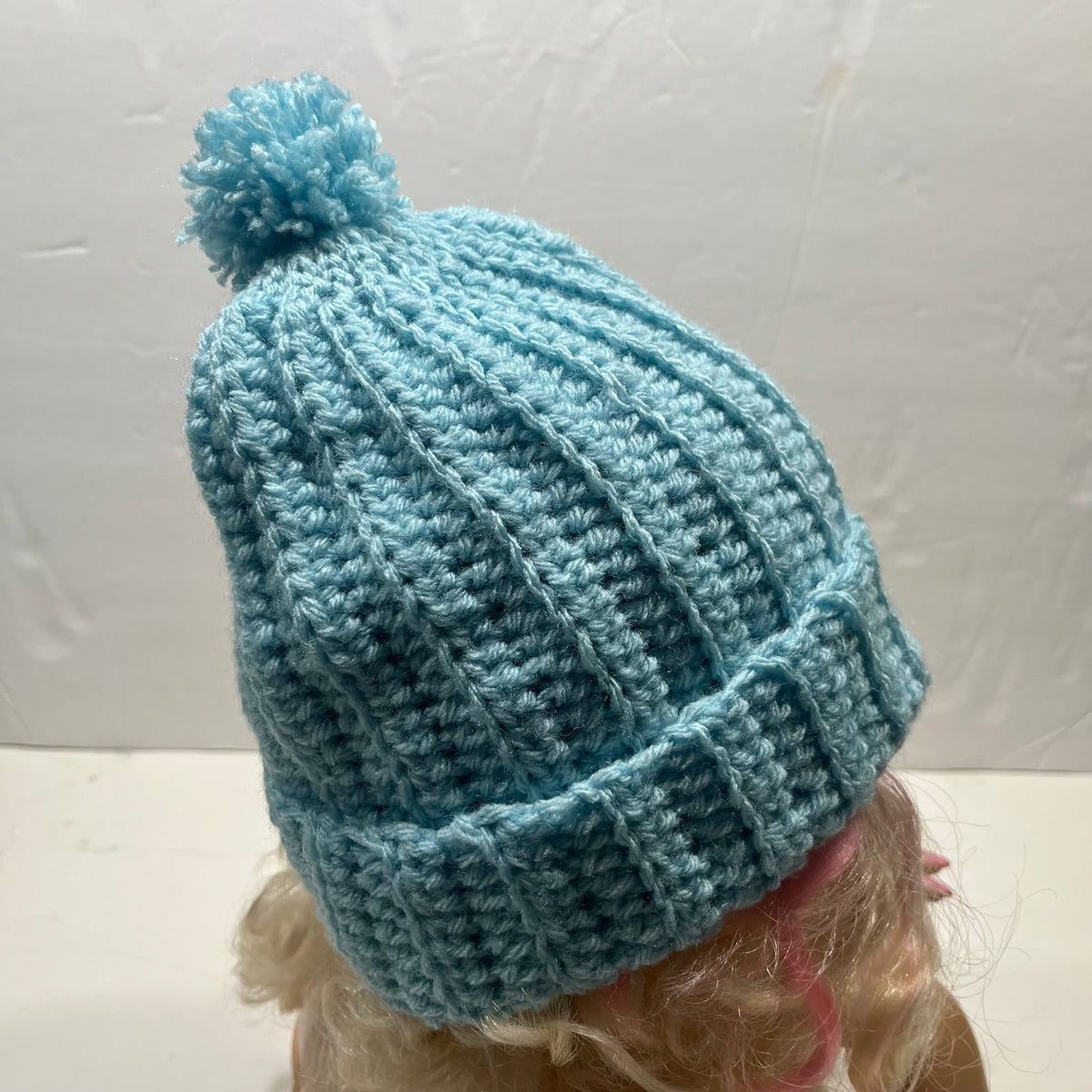 Blue Ribbed Beanie with pom pom